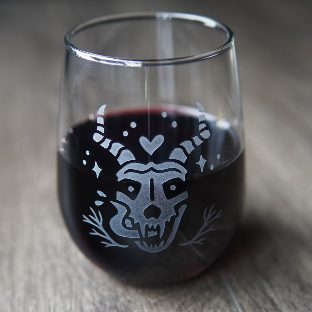 skull lover romantasy stemless wine glass
