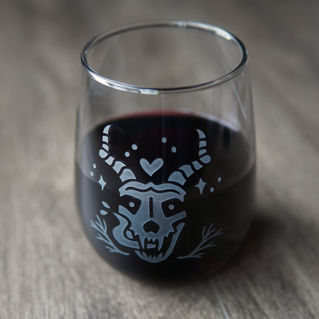 skull lover stemless wine glass