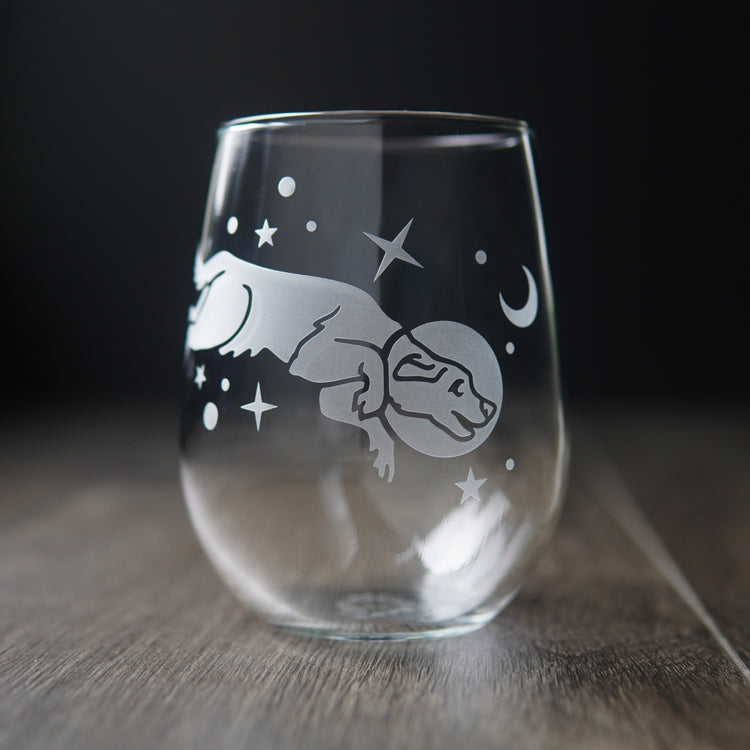 space dog stemless wine glass