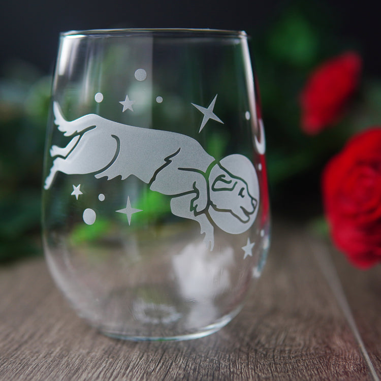 space dog stemless wine glass