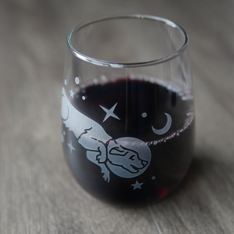 space dog stemless wine glass