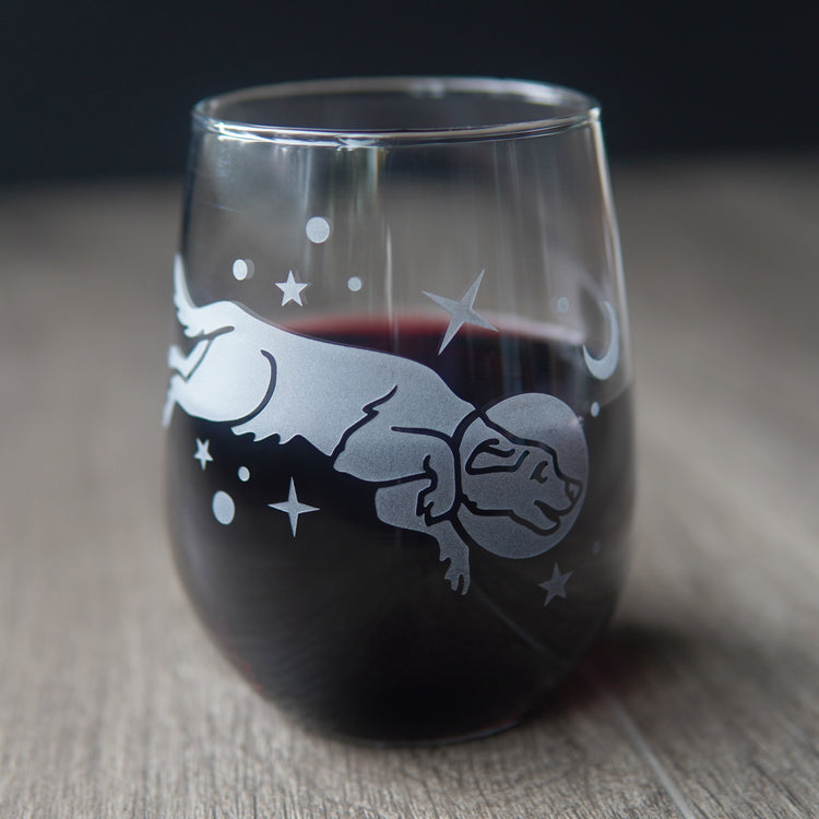 space dog stemless wine glass