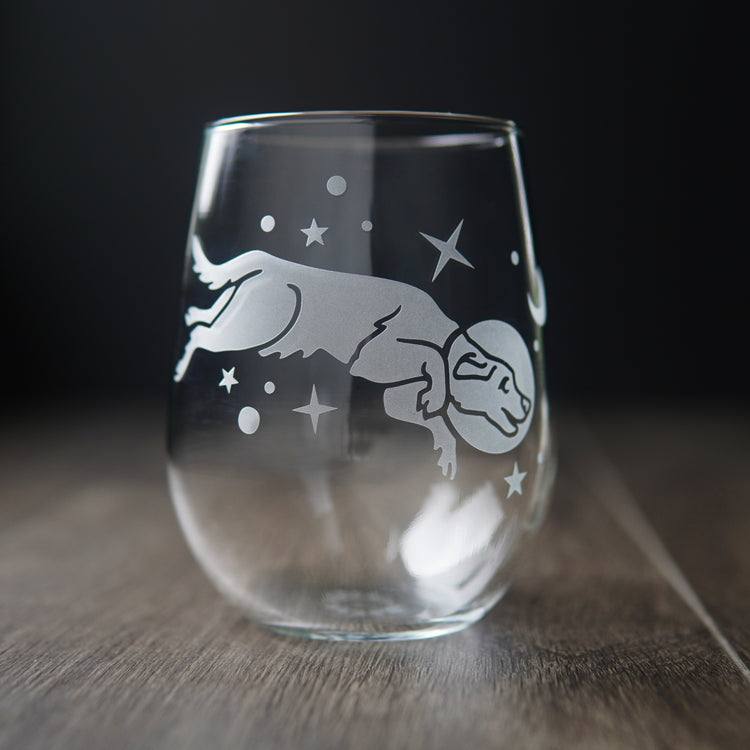 space dog stemless wine glass