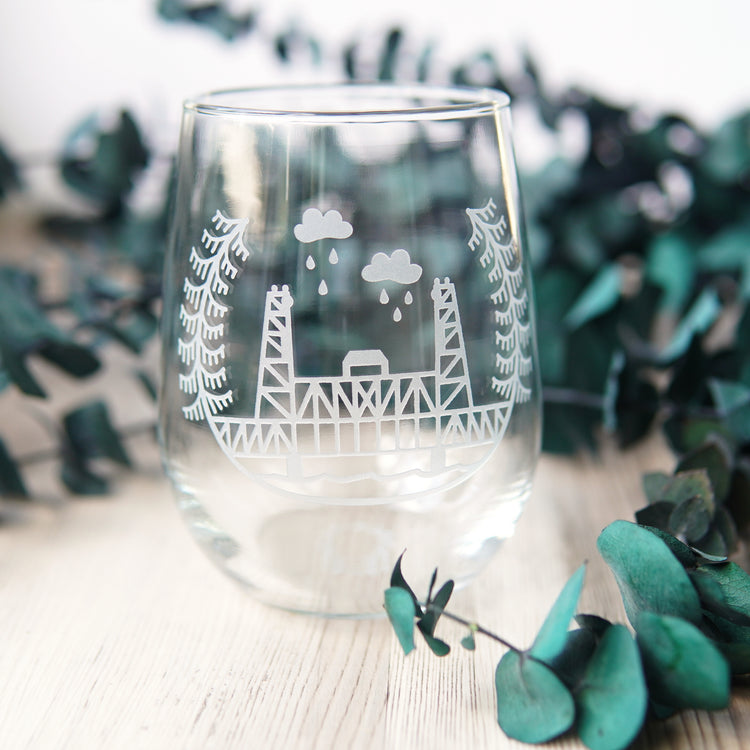 Portland Bridges etched stemless wine glass - Steel Bridge