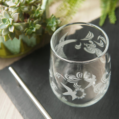 Birds Stemless Wine Glass - etched glassware