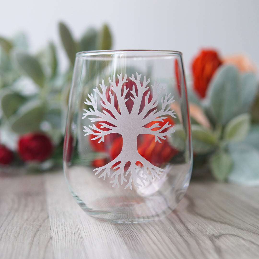 Tree of Life Stemless Wine Glass - etched glassware