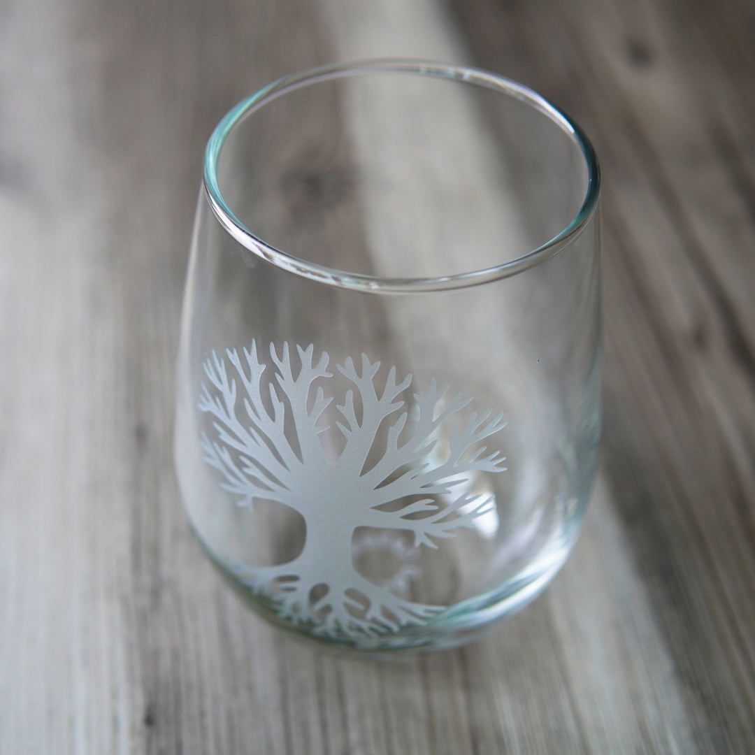 Tree of Life Stemless Wine Glass - etched glassware