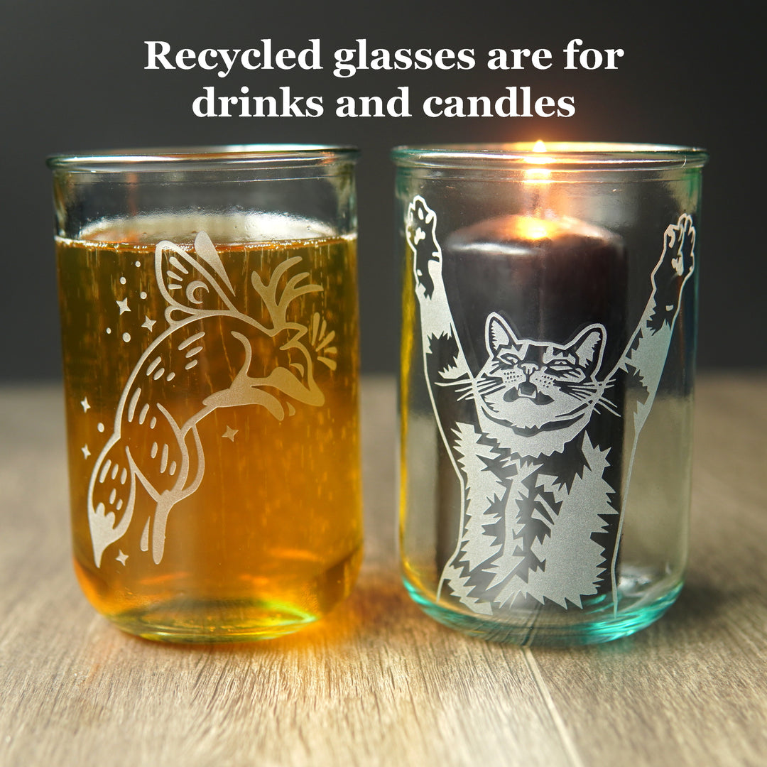 text reads: "recycled glasses are for drinks and candles" above two tall etched tumblers