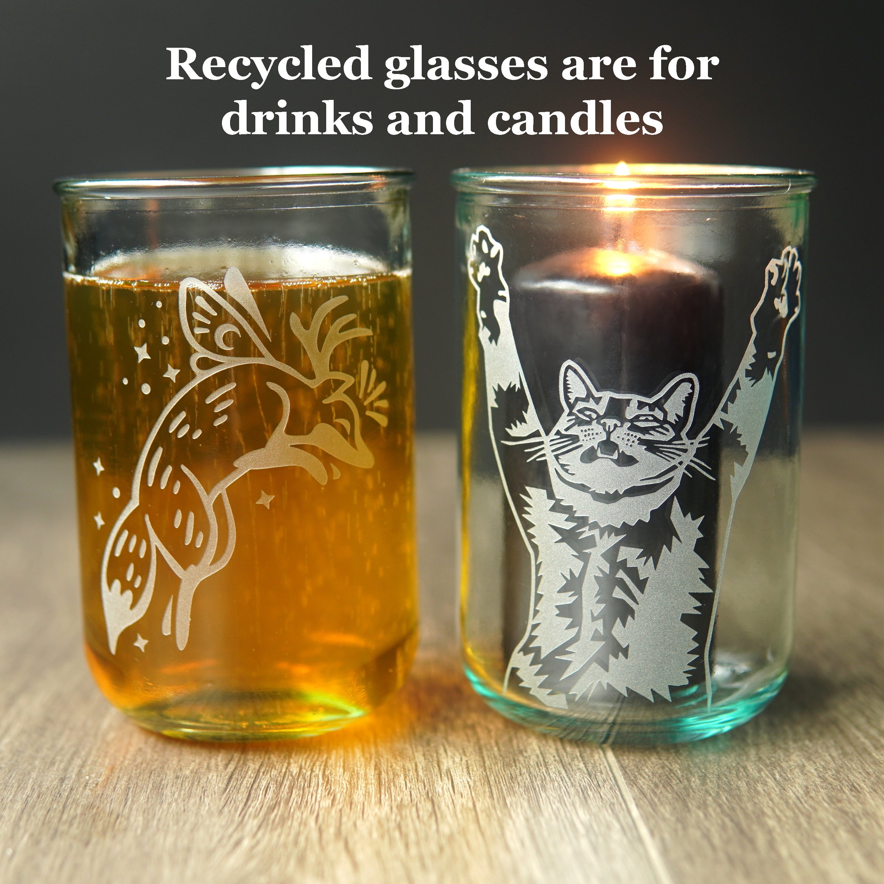 text reads: "recycled glasses are for drinks and candles" above two tall etched tumblers