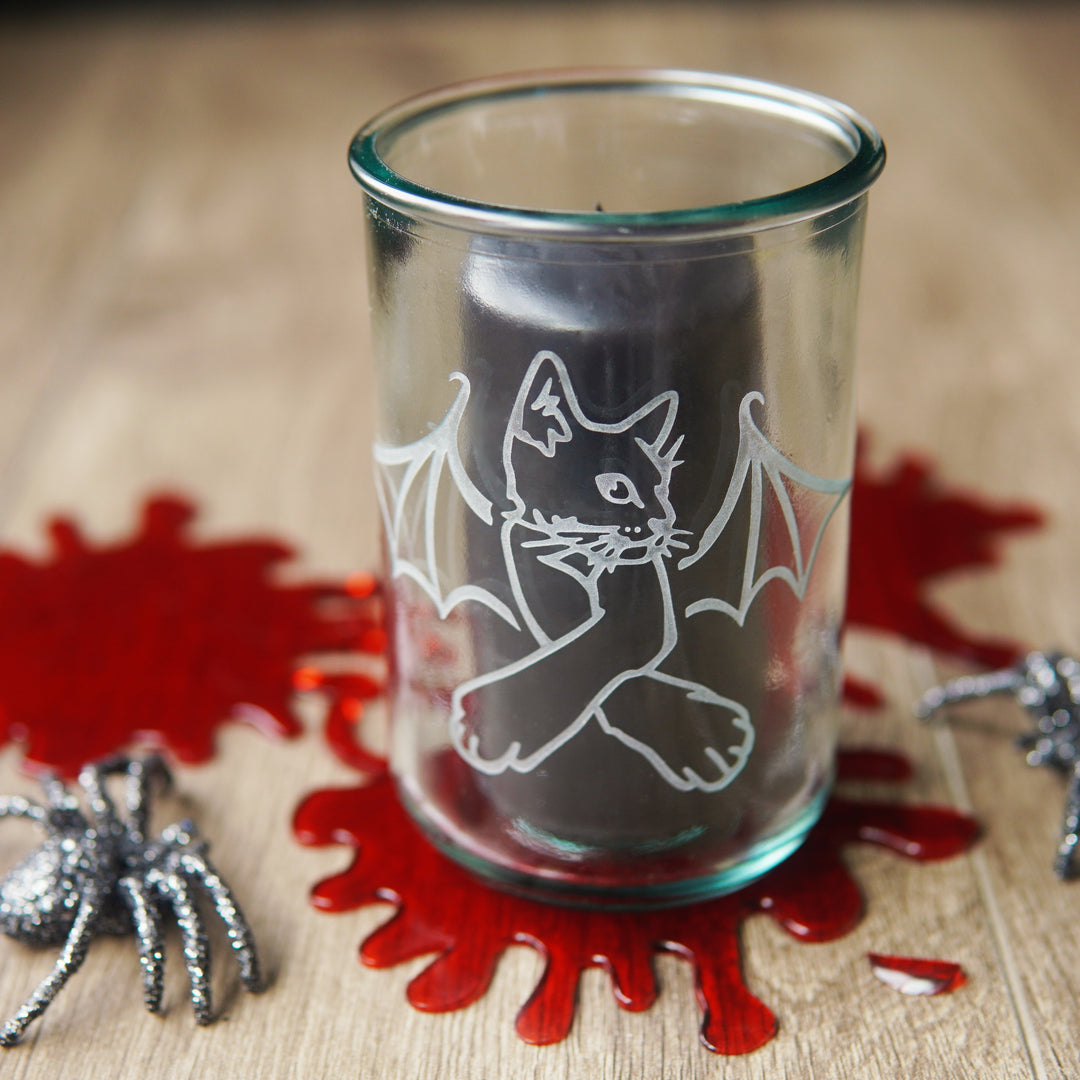 Cat Bat Rustic Recycled Glass Tumbler - etched vampire drinkware/candle holder