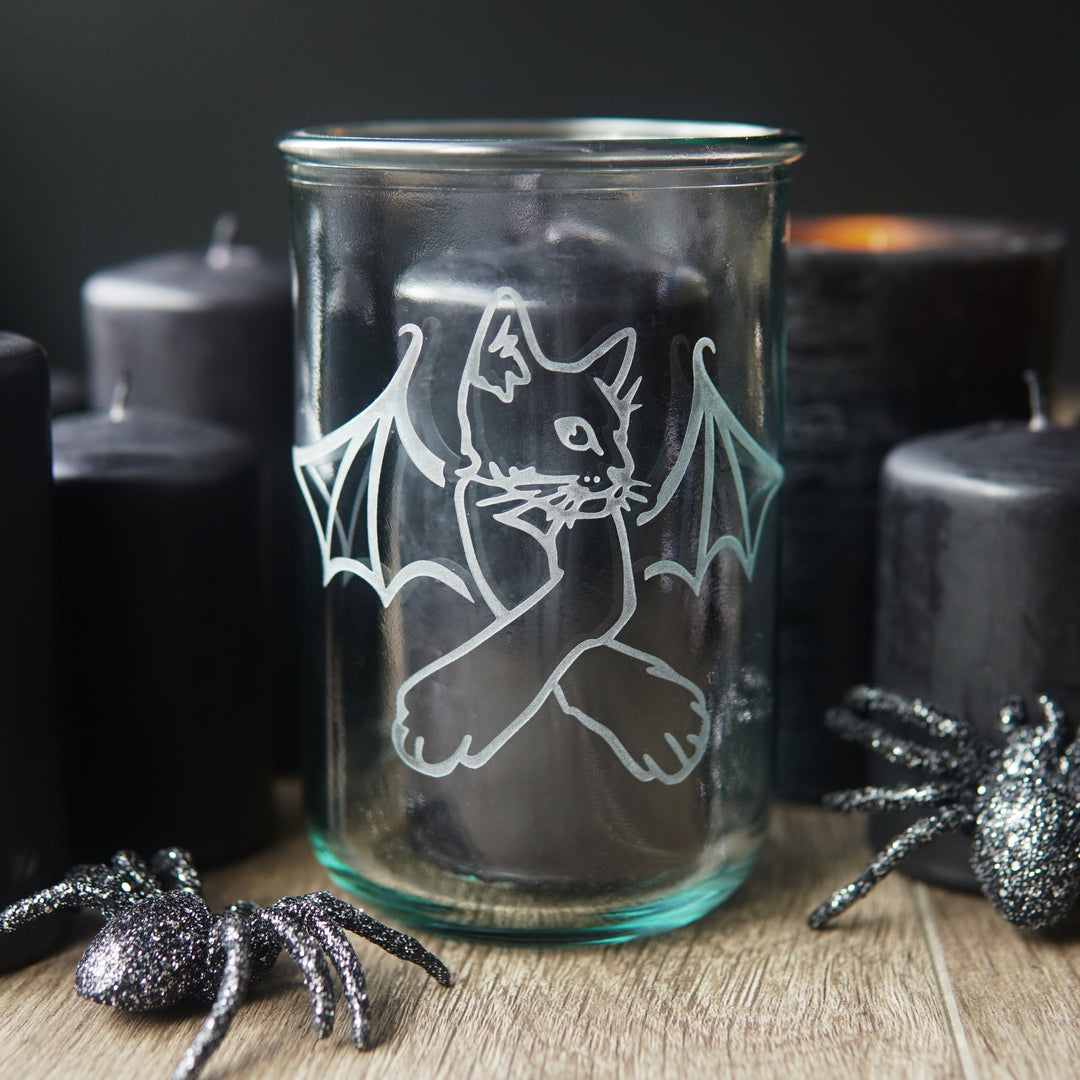 Cat Bat Rustic Recycled Glass Tumbler - etched vampire drinkware/candle holder