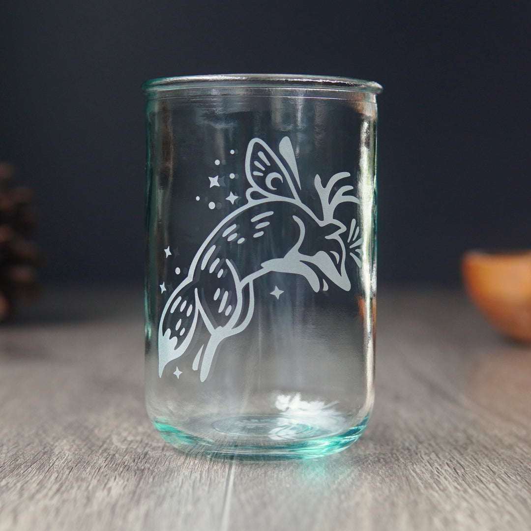 Fox with fairy wings etched onto a tall glass