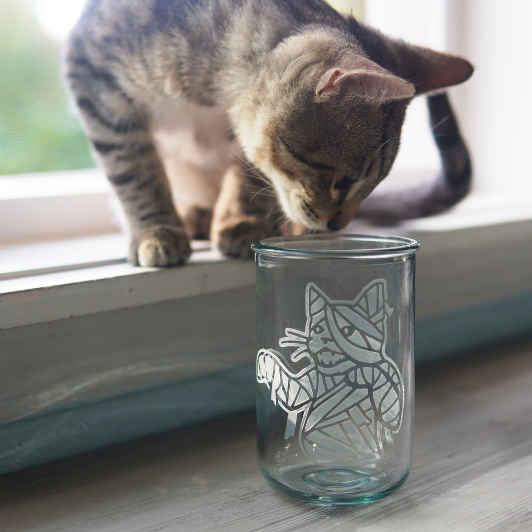 Mummy Cat Rustic Recycled Glass Tumbler - Halloween monster candle holder/drinkware