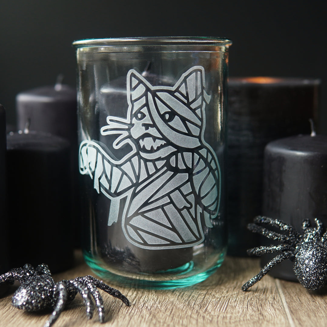 Mummy Cat Rustic Recycled Glass Tumbler - Halloween monster candle holder/drinkware