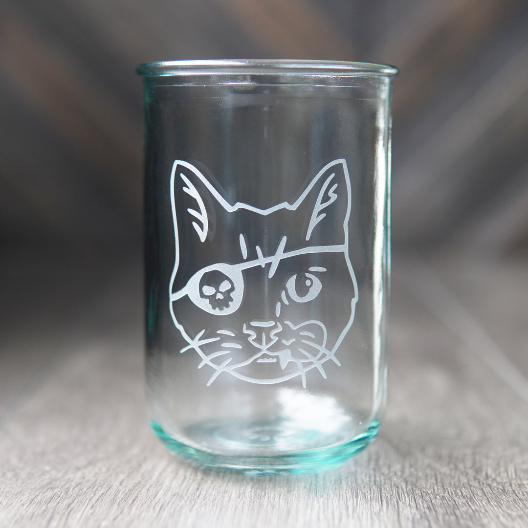Pirate Snaggletooth Cat - Rustic Recycled Glass Tumbler