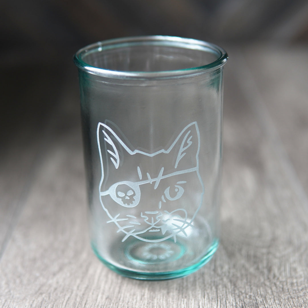 Pirate Snaggletooth Cat - Rustic Recycled Glass Tumbler