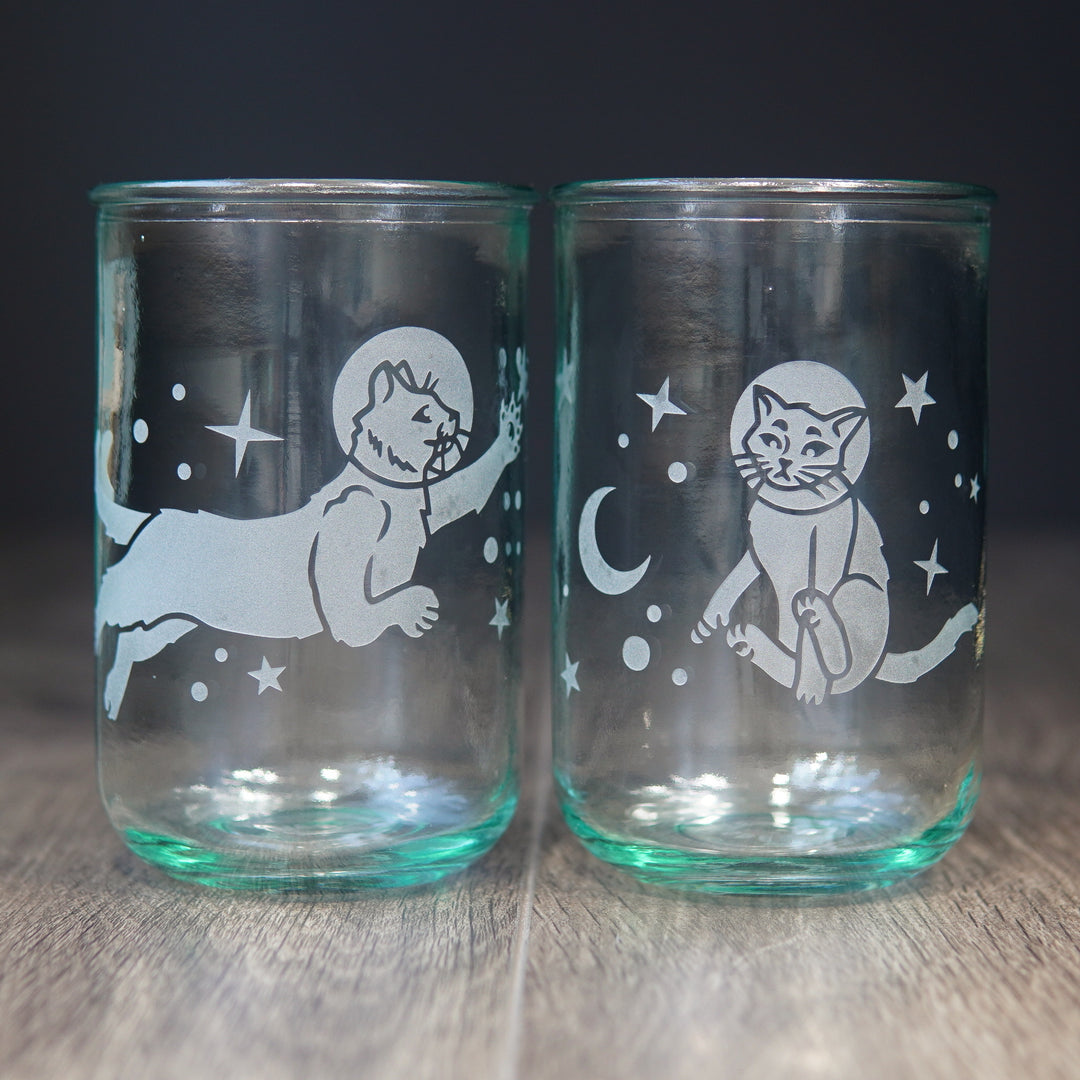 tall sized recycled glass cups etched with space cats