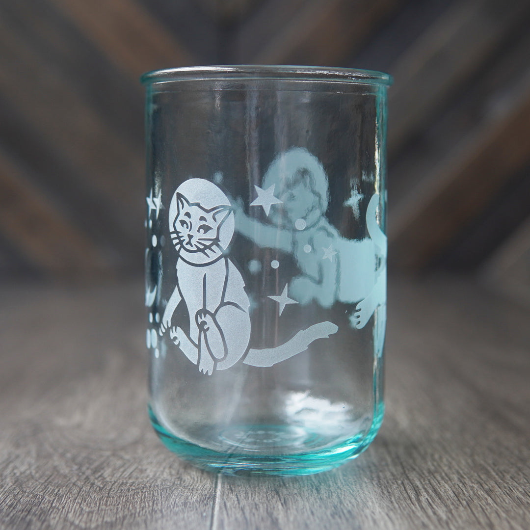 Astronaut Space Cats Rustic Recycled Glass Candle Cup