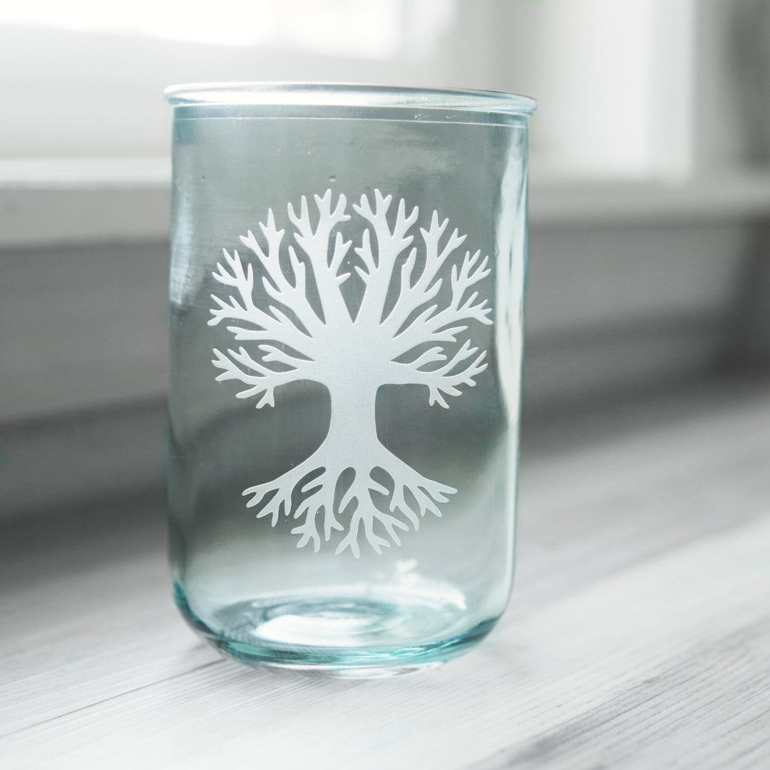 Tree etched on a tall glass