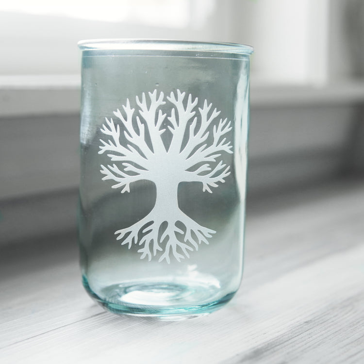 Tree etched on a tall glass