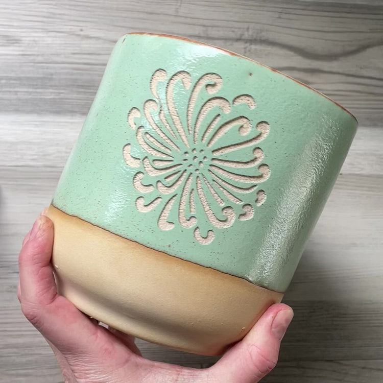 chrysanthemum flower plant pot in green; handmade pottery with drainage hole and saucer