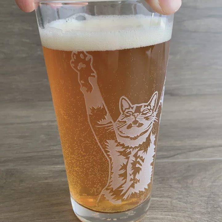 Stretching Cat etched pint glass for celebrations, or yoga lovers