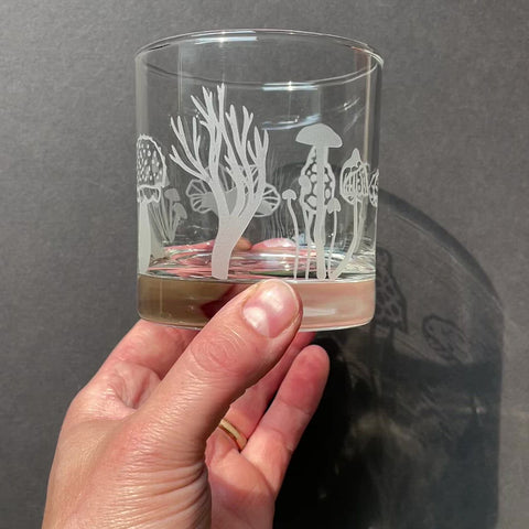Mushroom Collection Lowball Glass - etched kitchen glassware