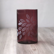 Tea Leaves engraved onto blown glass tumbler in translucent black cherry red