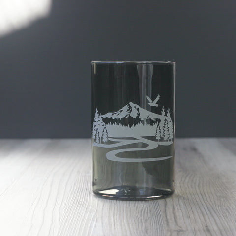 Mt. Hood engraved blown smokey gray glass pint tumbler