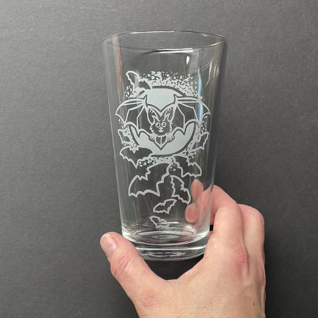 Bat Pint Glass - etched Halloween glassware