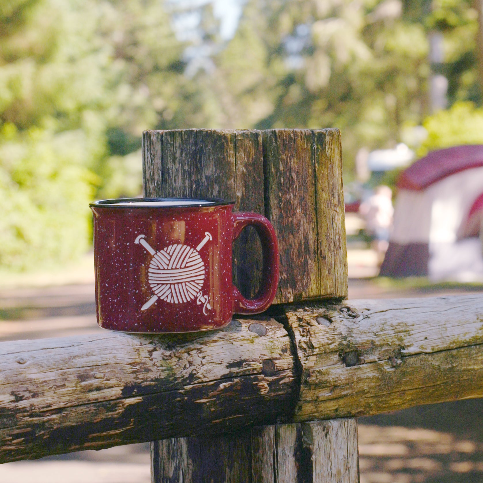 knitting yarn burgundy ceramic camp mug