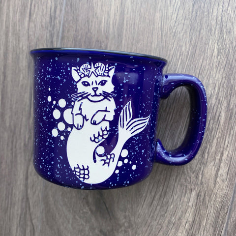 Mermaid Cat navy blue camp mug by Bread and Badger