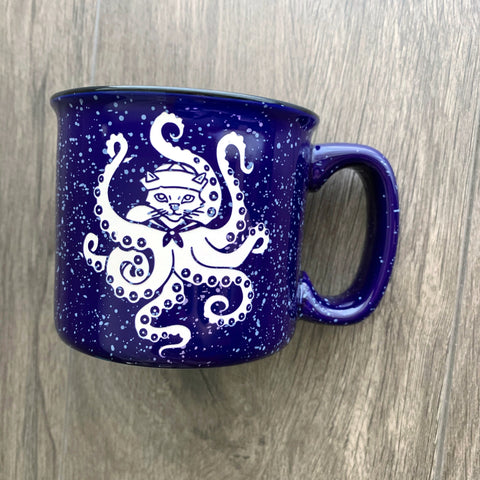 Octopus Cat speckled camp mug in navy blue