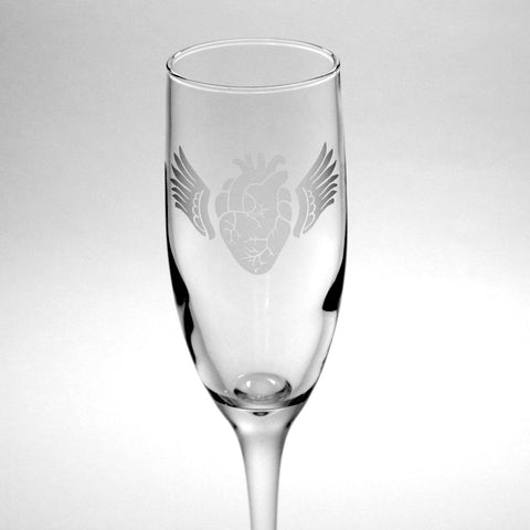 anatomical heart with angel wings champagne flute