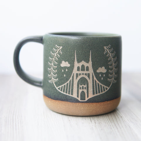 Portland Bridges Mug, Forest Style Handmade Pottery