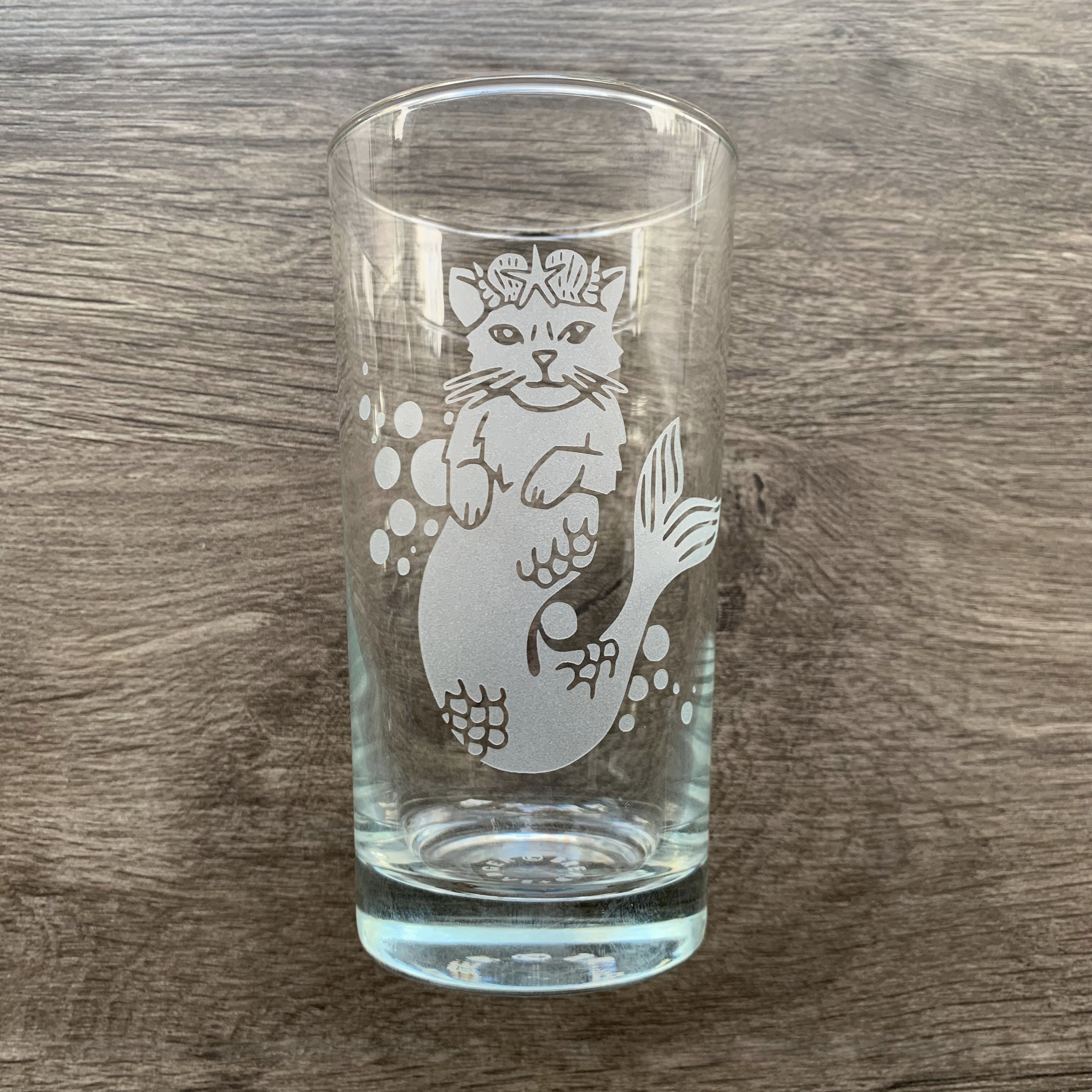 Mermaid Cat highball glass engraved by Bread and Badger