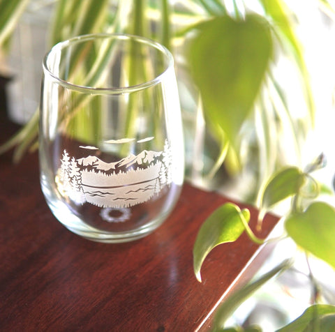 etched stemless wine glass, adventure awaits, outdoor wine glasses,  engraved stemless wine glass