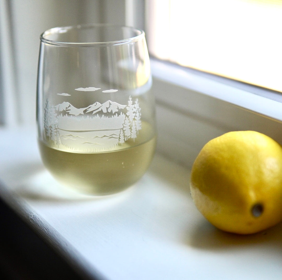 Mountain Trail Stemless Wine Glass - etched glassware