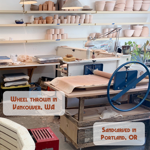 pottery studio in Vancouver, WA where Bread and Badger mugs are made, then sandcarved in Portland, Oregon