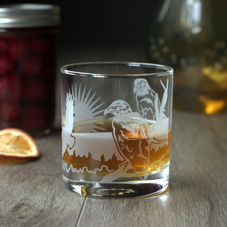 Bald eagle etched lowball cocktail glass by Bread and Badger