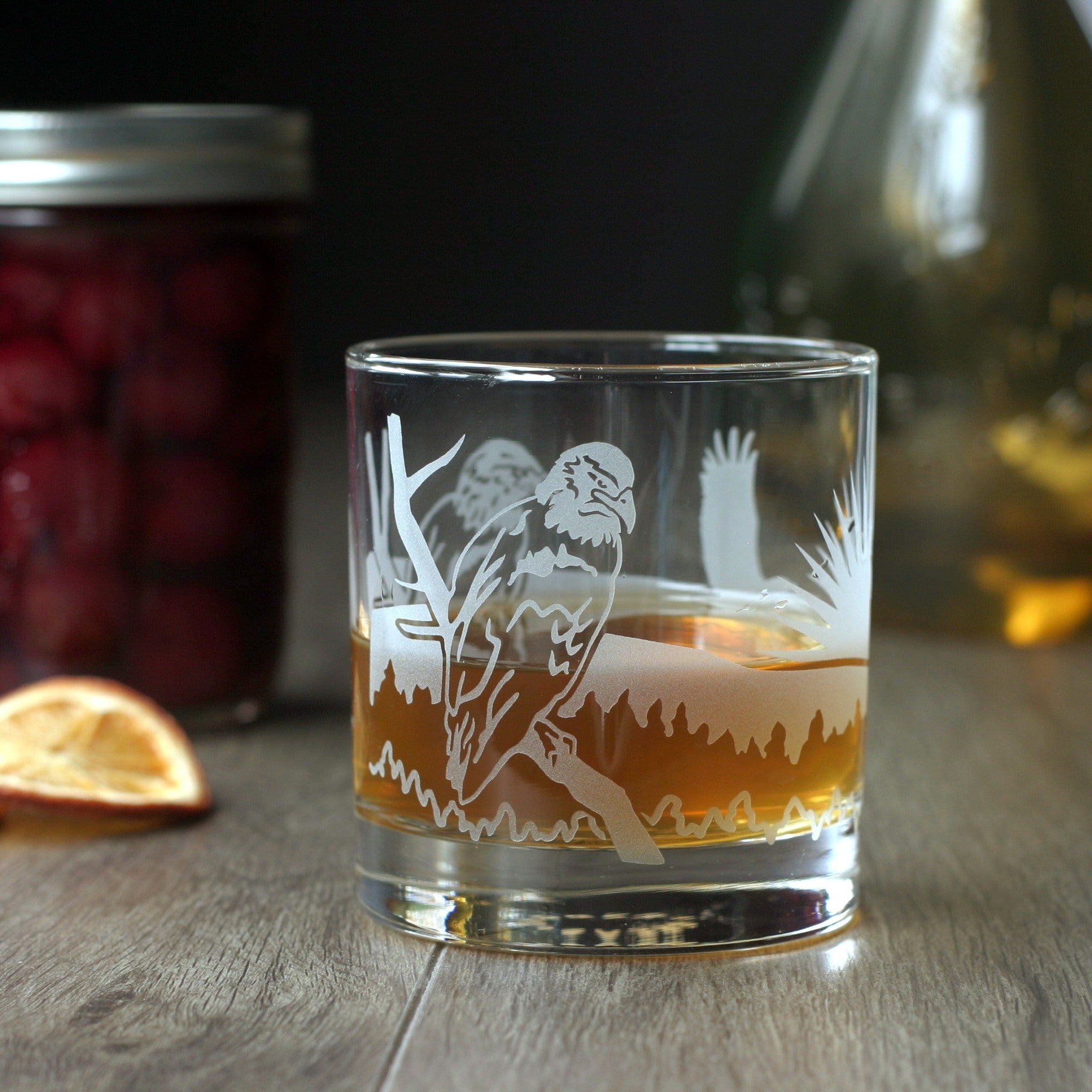 Bald eagle etched lowball cocktail glass by Bread and Badger