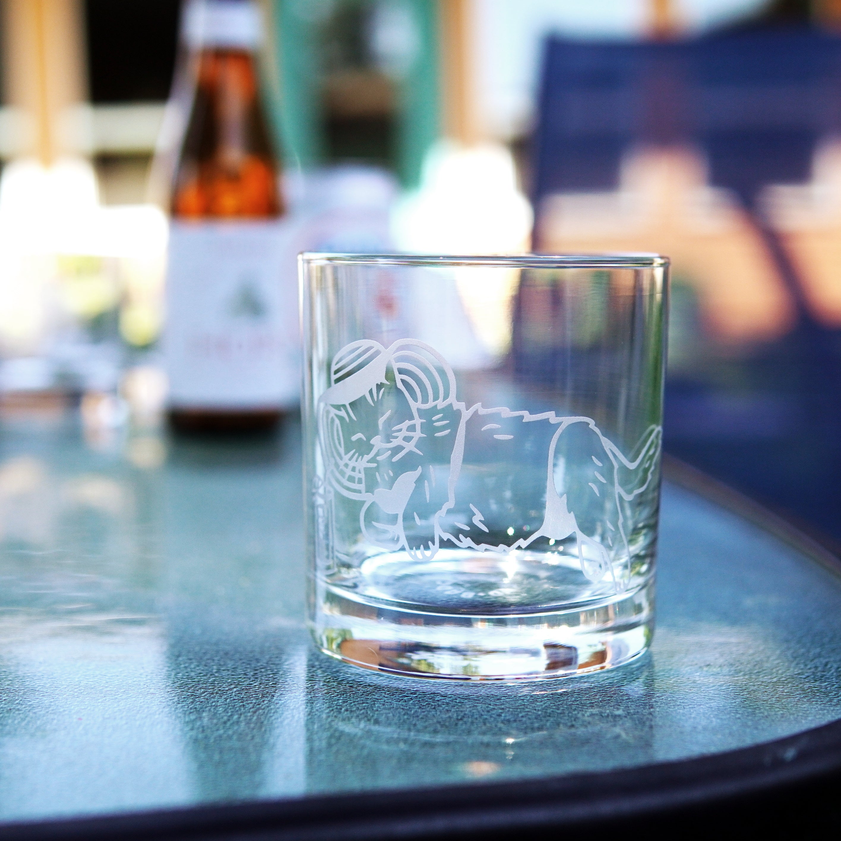 Bikini Babe Cat etched lowball cocktail glass on a sunny glass table