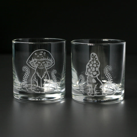 Cat Mushrooms Cocktail Glass - etched kitchen glassware