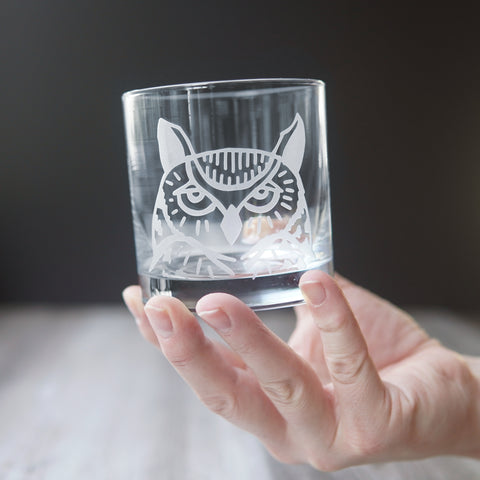 Great Horned Owl Lowball Glass - etched glassware
