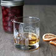 Mushroom Collection Lowball Glass - etched kitchen glassware