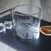 barware etched with a cute raccoon