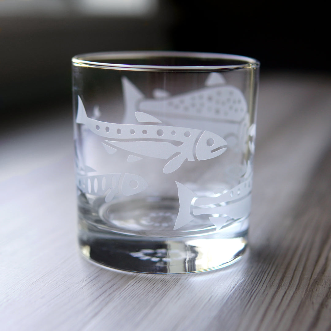 Salmon Lowball Glass - etched fish glassware