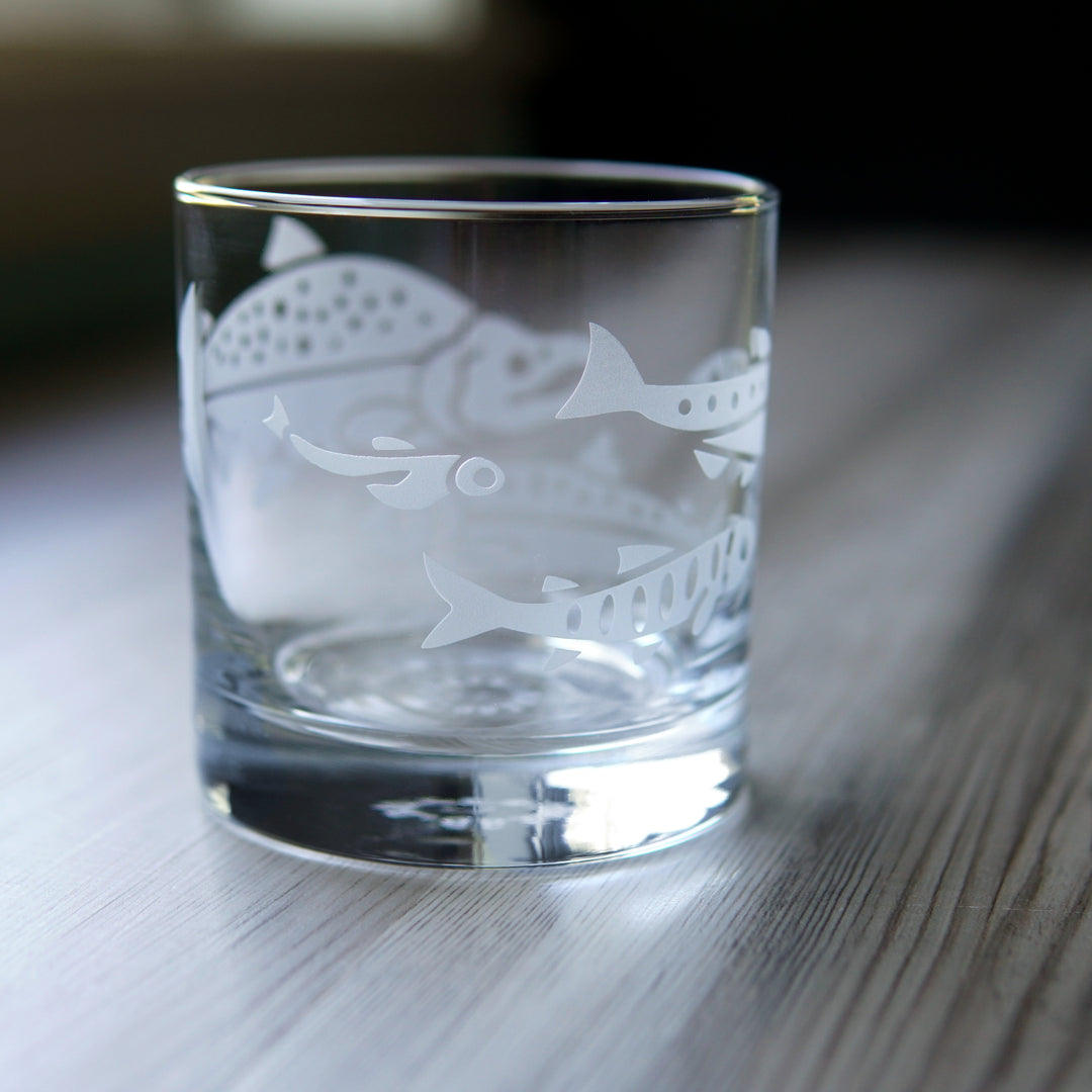 Salmon Lowball Glass - etched fish glassware