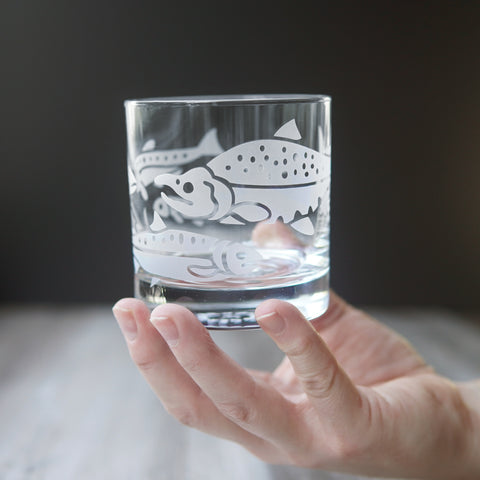 Salmon Lowball Glass - etched fish glassware