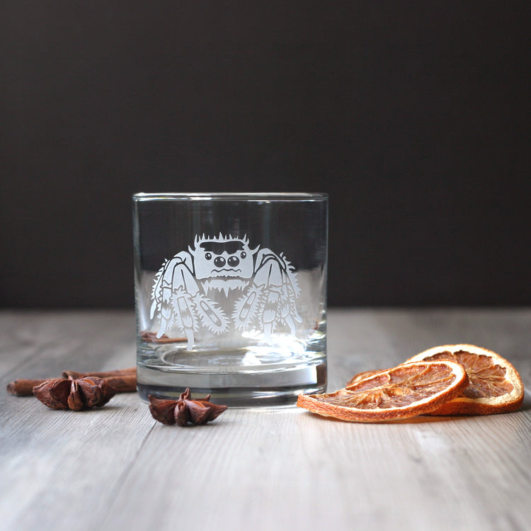 jumping spider etched lowball glass